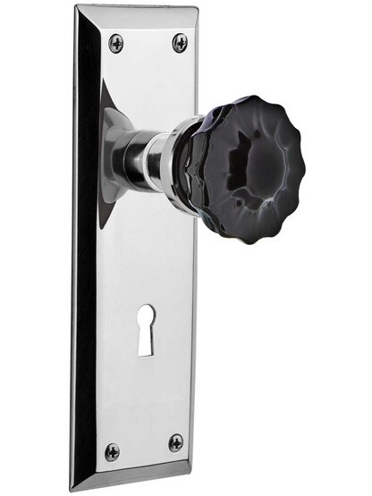 New York Mortise Lock Set with Colored Fluted Crystal Glass Knobs Black in Polished Chrome.